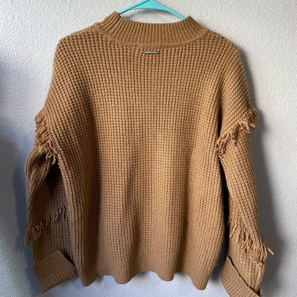 Micheal Kors tan fringe sweater, western/loose style, knitted, cut/folded sleeve